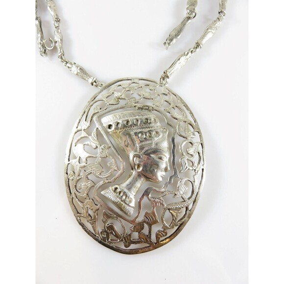 Egyptian Revival Silver Nefertiti Pendant Sarcophagus Necklace Large 3.5" Repair - Picture 2 of 16